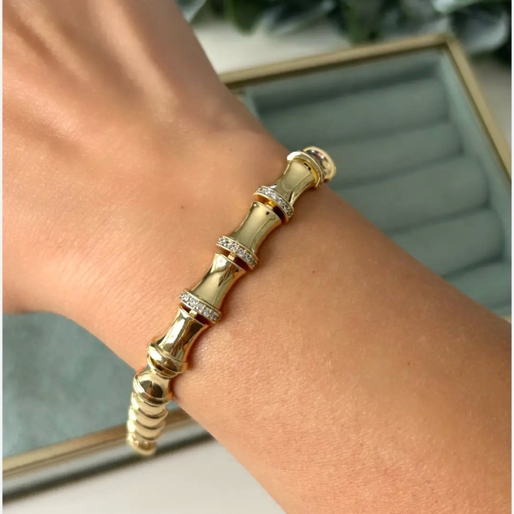14K Gold Plated Bamboo Link Bracelet with Zircon Stones | Statement Jewelry - Picture 2 of 12